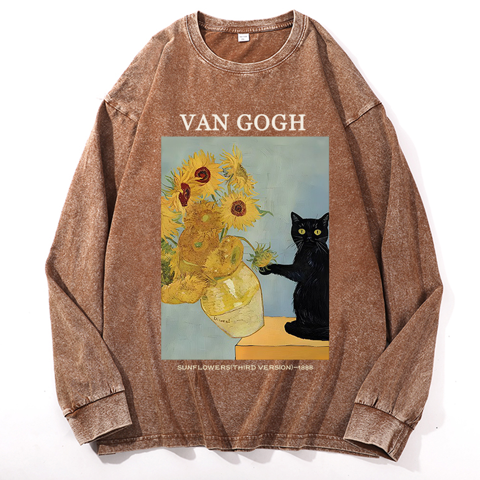 Playful Cat Meets Van Gogh Sunflowers Retro Washed Long Sleeve T-Shirt