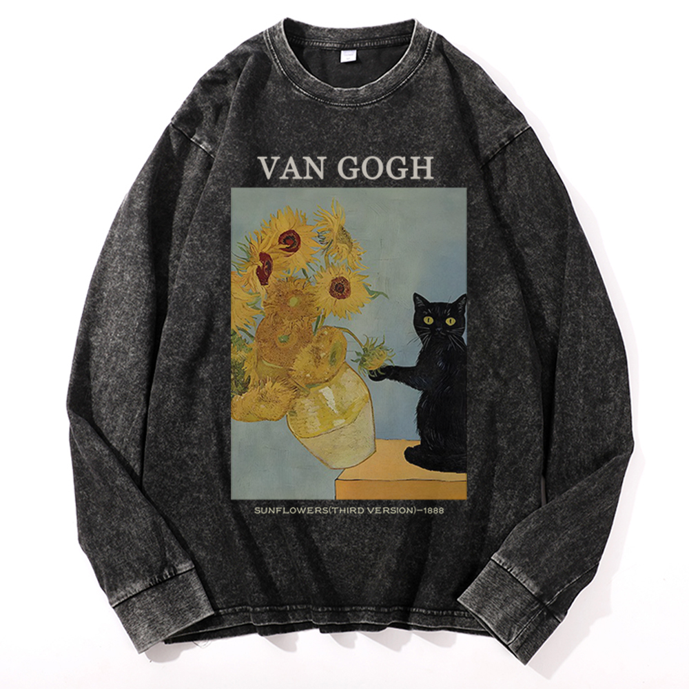 Playful Cat Meets Van Gogh Sunflowers Retro Washed Long Sleeve T-Shirt