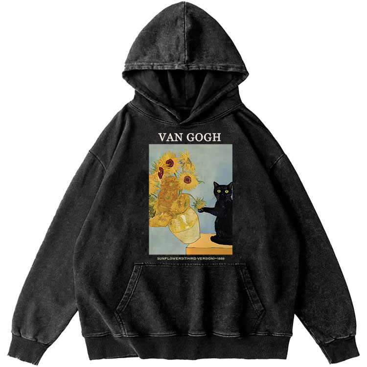 Van Gogh Sunflowers Black Cat Art Retro Washed Hoodide | 100% Cotton | Streetwear Essential