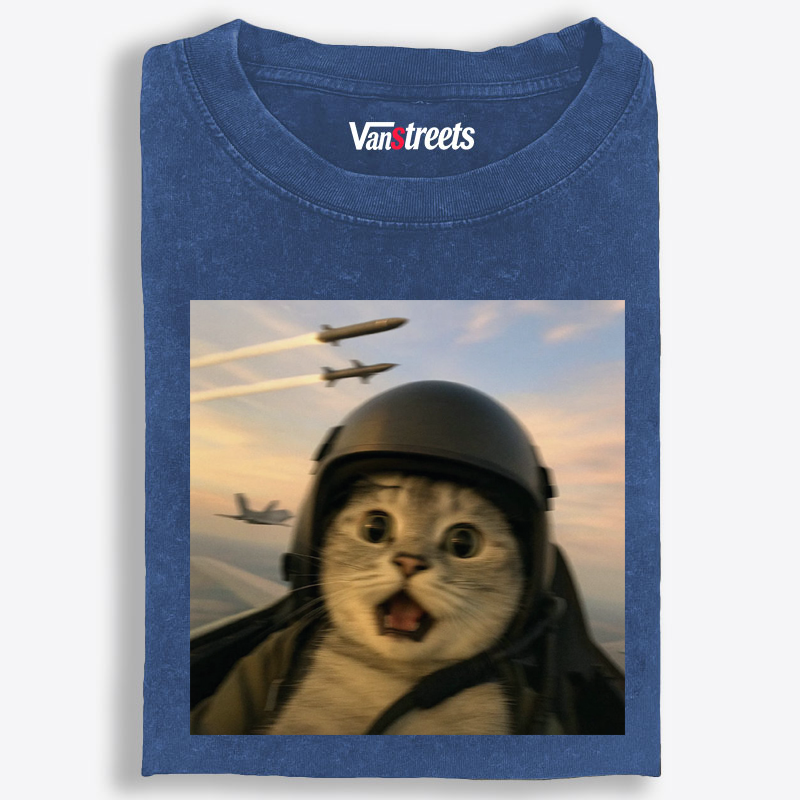 Fighter Jet Cat Pilot Meme Retro Washed T-Shirt | 100% Cotton | Streetwear Essential