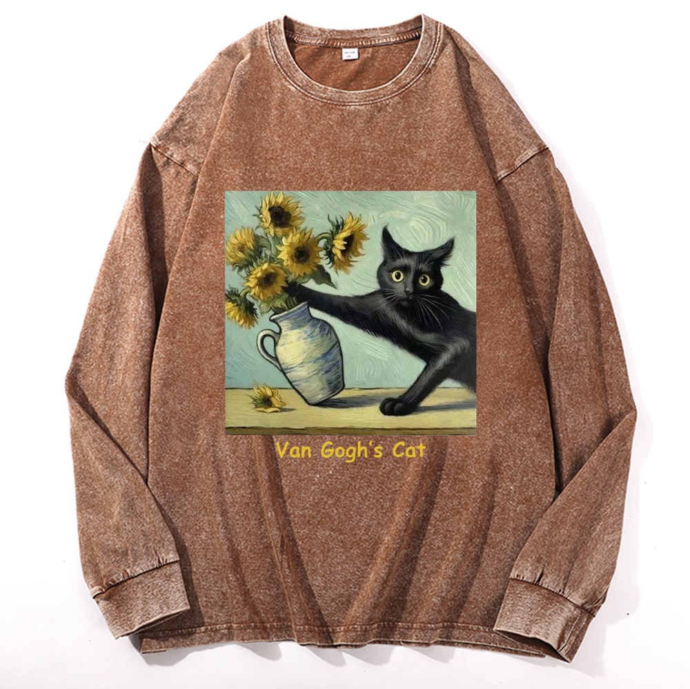 Van Gogh's Cat with Sunflowers Retro Washed Long Sleeve T-Shirt