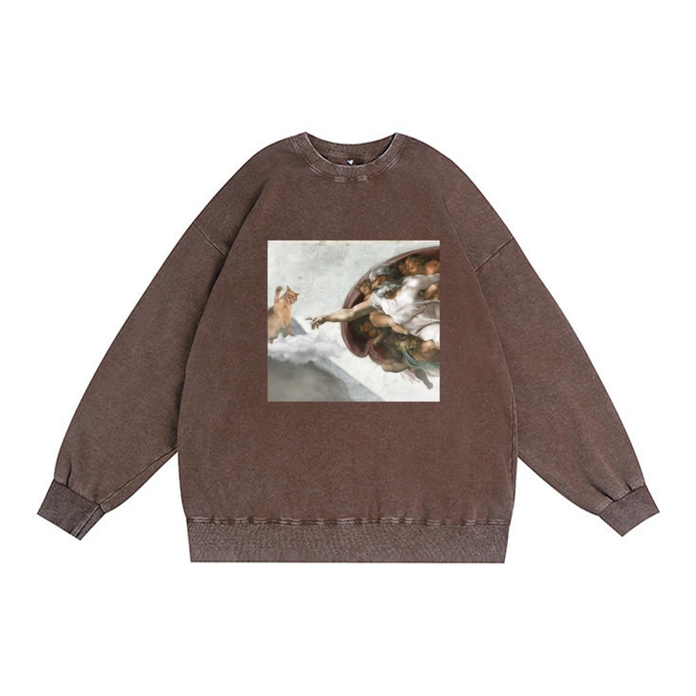 Cat Parody of "The Creation of Adam" Art Retro Premium Washed Cotton Crewneck Sweatshirt