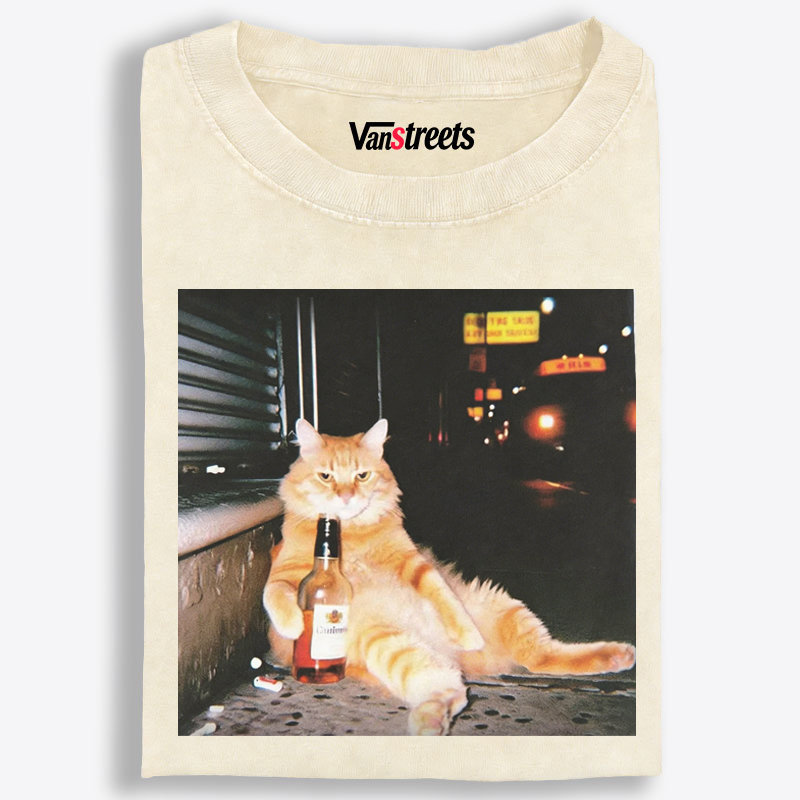 Street Drunk Cat Meme Retro Washed T-Shirt | 100% Cotton | Streetwear Essential