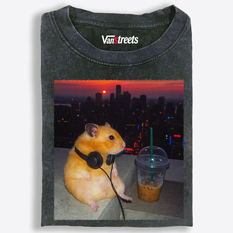 City Sunset Hamster Graphic Washed T-Shirt | 100% Cotton | Streetwear Essential