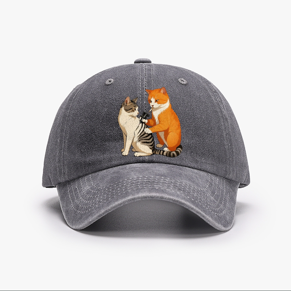 Cat in Starry Night with UFO Meme Retro Washed Baseball Cap
