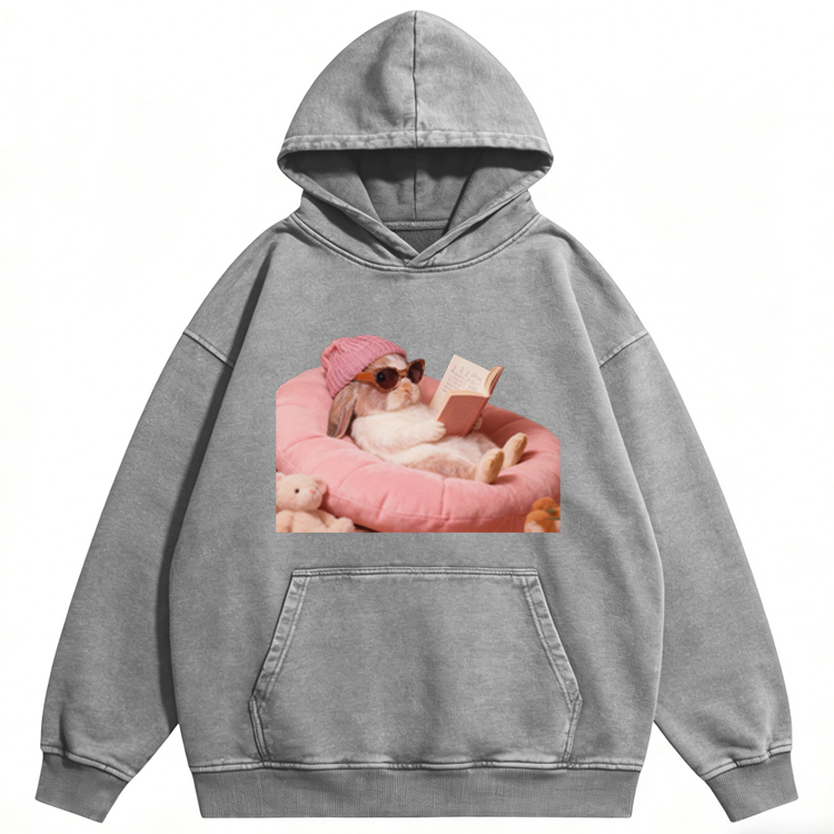 Cozy Reading Rabbit Retro Washed Hoodide | 100% Cotton | Streetwear Essential