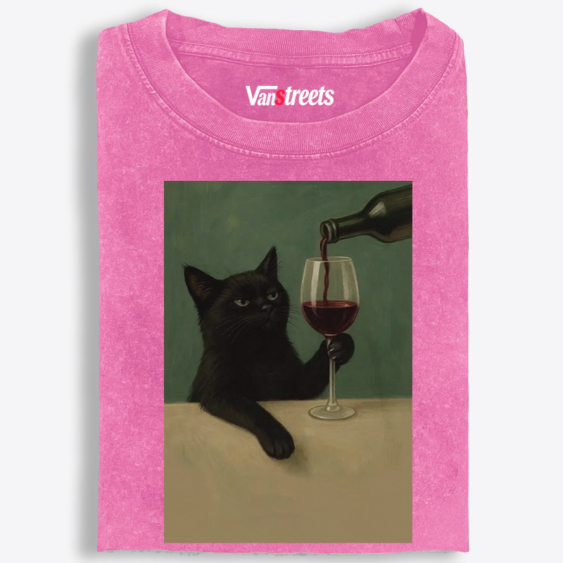 Black Cat with Wine Retro Washed T-Shirt | 100% Cotton | Streetwear Essential