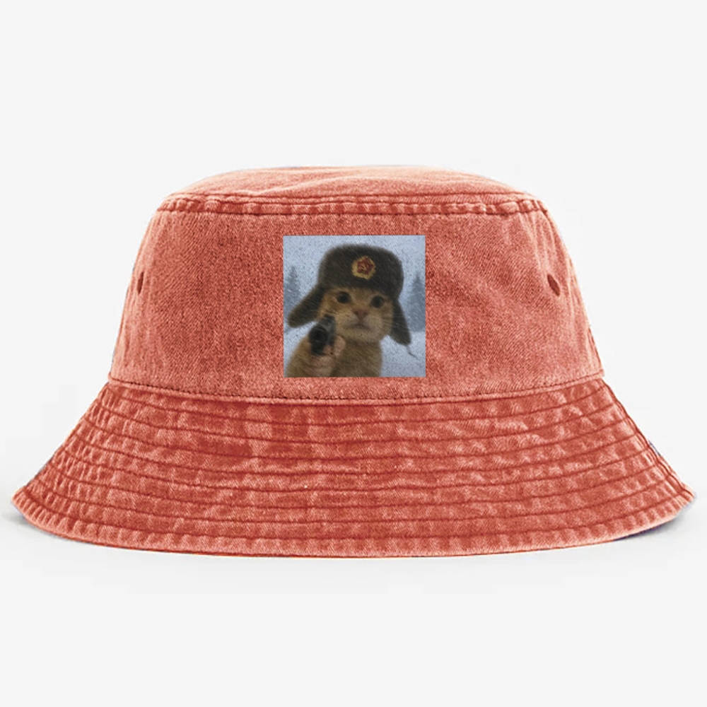 Soviet Ushanka Cat Retro Vintage Washed Bucket Hat