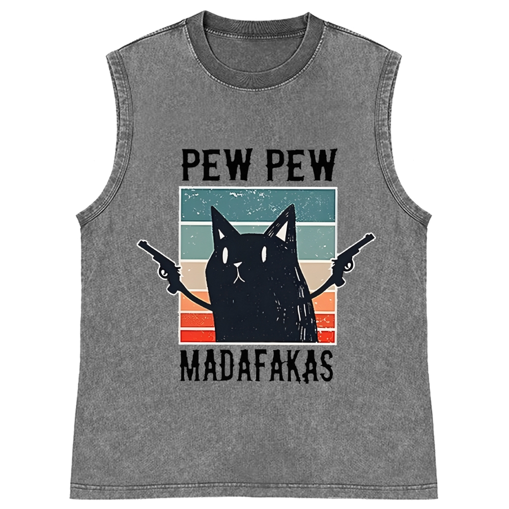 "Pew Pew Madafakas" Black Cat Retro Washed Tank Top