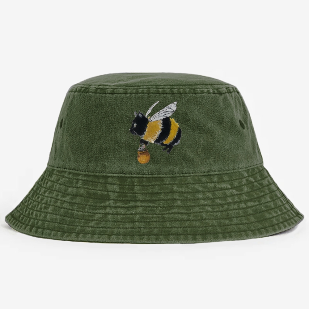 Bee Cat Catching Mouse Retro Vintage Washed Bucket Hat