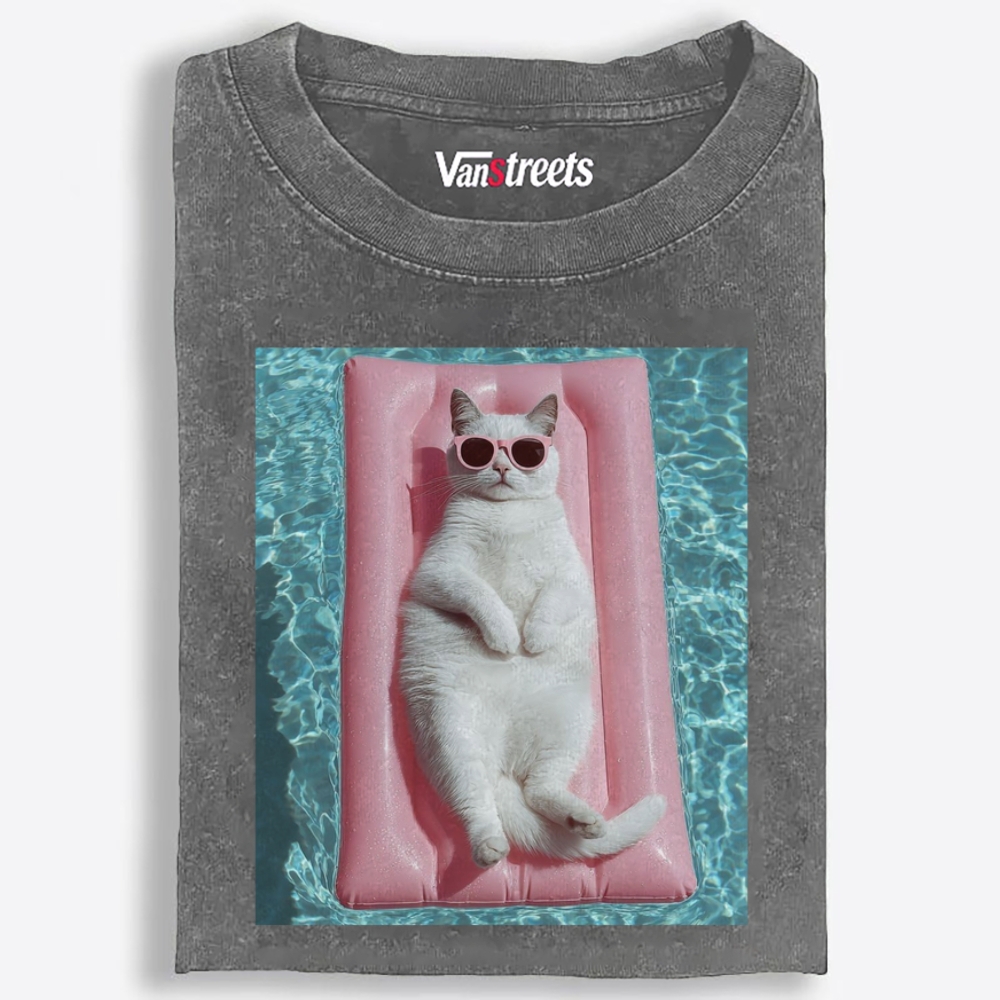 White Cat On Pink Pool Float Meme Retro Washed T-Shirt | 100% Cotton | Streetwear Essential