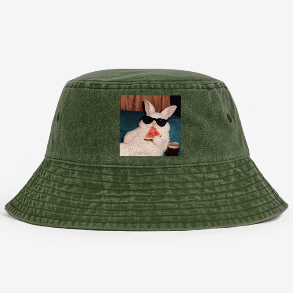 Rabbit Eating Watermelon Sunglasses Retro Vintage Washed Bucket Hat