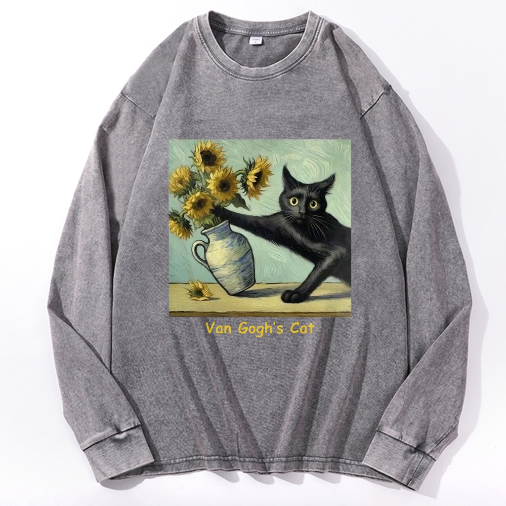 Van Gogh's Cat with Sunflowers Retro Washed Long Sleeve T-Shirt