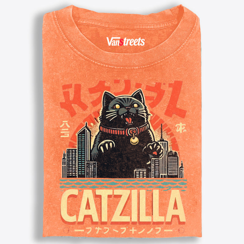 Japanese Style Catzilla Retro Washed T-Shirt | 100% Cotton | Streetwear Essential