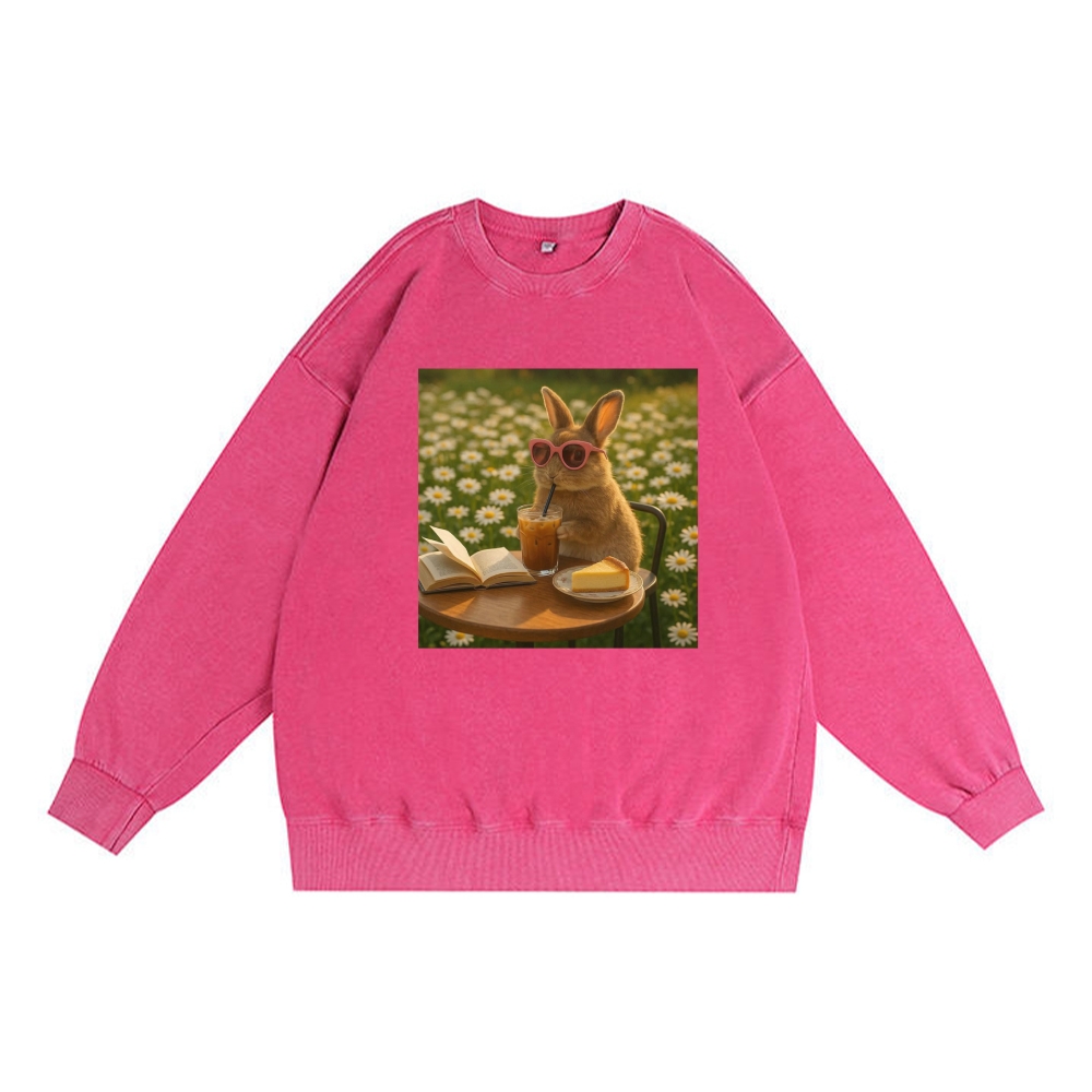 Daisy Afternoon Tea Bunny Meme Retro Premium Washed Cotton Crewneck Sweatshirt
