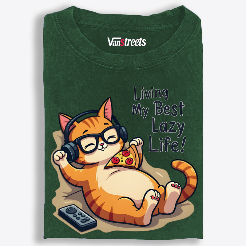 Living My Best Lazy Life Cat Washed T-Shirt | 100% Cotton | Streetwear Essential
