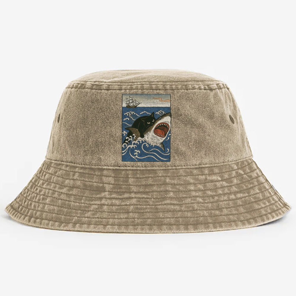 Ukiyo-e Cat Riding Shark Retro Vintage Washed Bucket Hat
