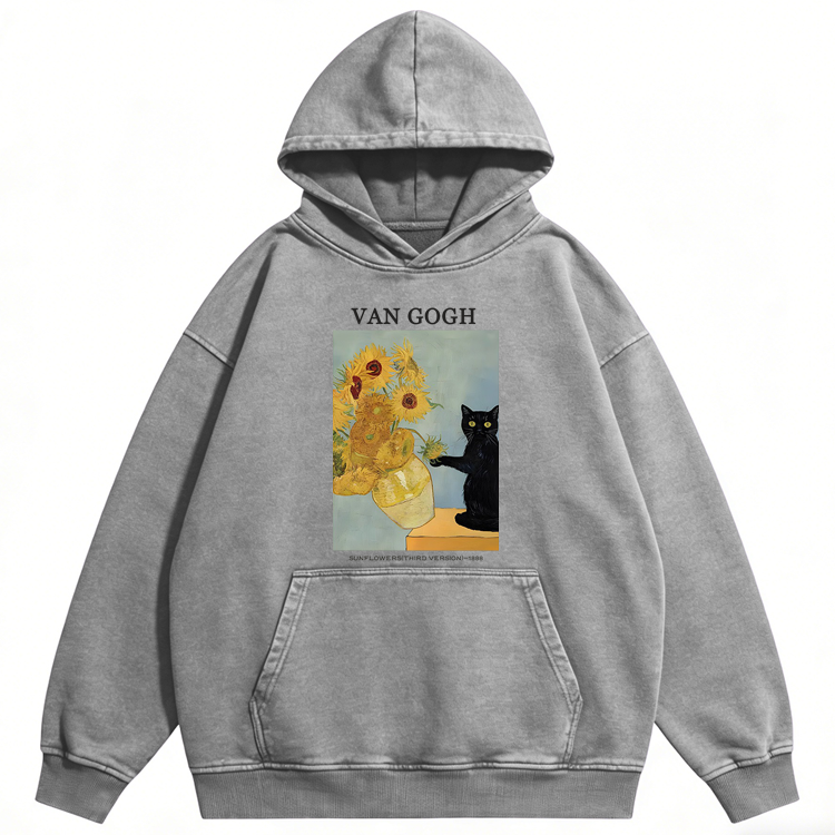 Playful Cat Meets Van Gogh Sunflowers Retro Washed Hoodide