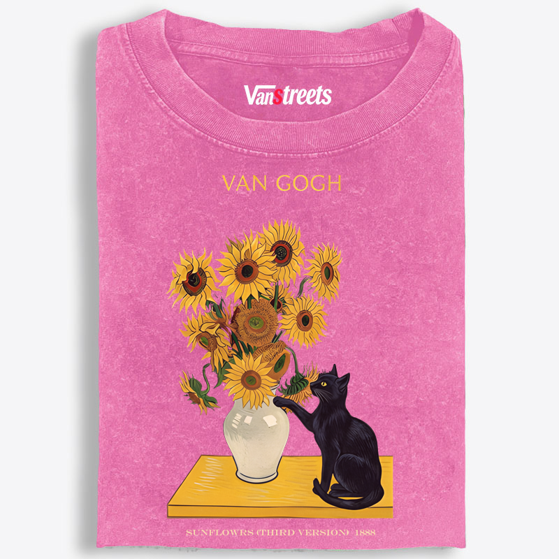 Curious Cat Touching Sunflowers Washed T-Shirt | 100% Cotton | Streetwear Essential