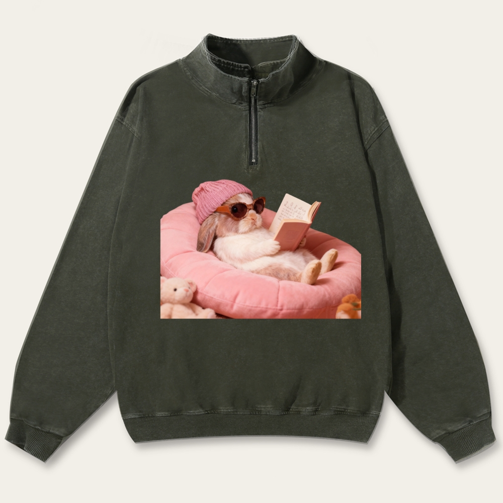 Bunny Bookish Rabbit Retro Washed Zip-Up Mock Neck Sweatshirt