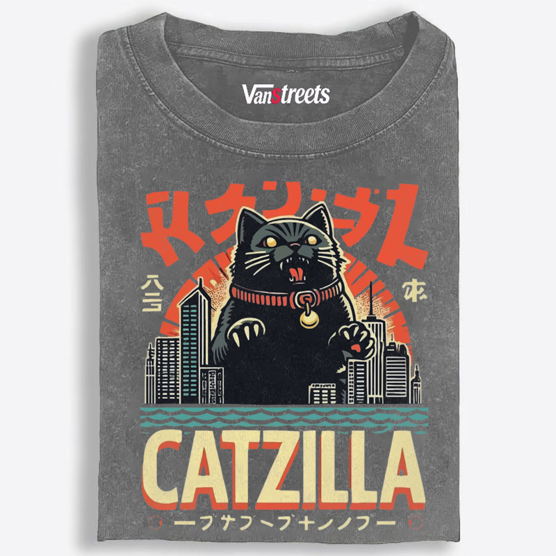 Japanese Style Catzilla Retro Washed T-Shirt | 100% Cotton | Streetwear Essential
