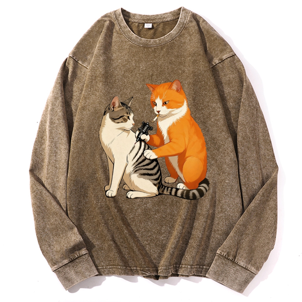 Tattoo Artist Orange Cat Retro Washed Long Sleeve T-Shirt