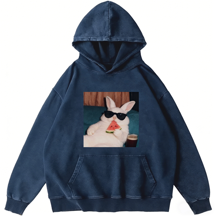 Rabbit Eating Watermelon Sunglasses Retro Washed Hoodie