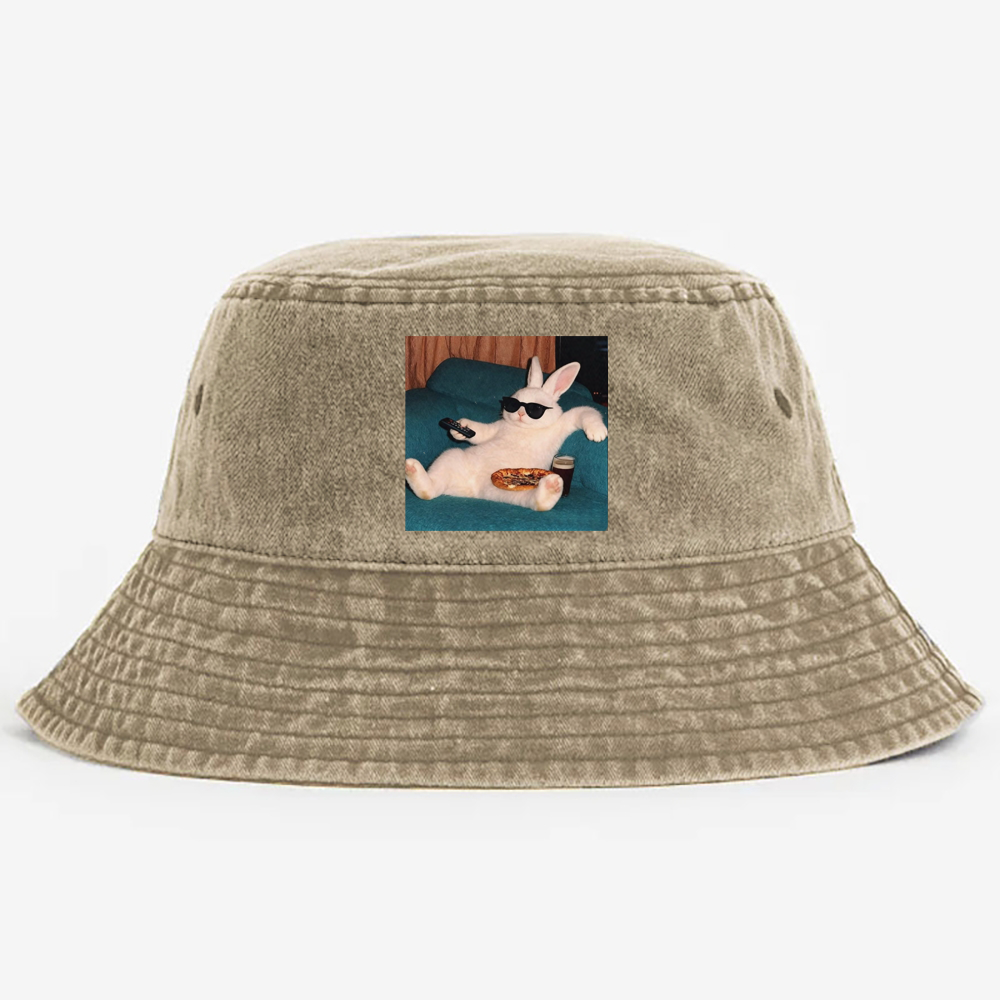Couch Potato Bunny Retro Vintage Washed Bucket Hat