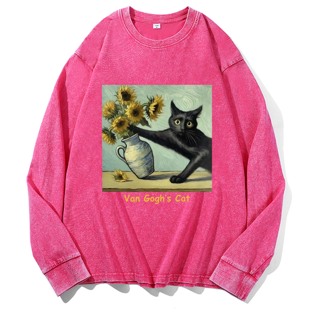 Van Gogh's Cat with Sunflowers Retro Washed Long Sleeve T-Shirt