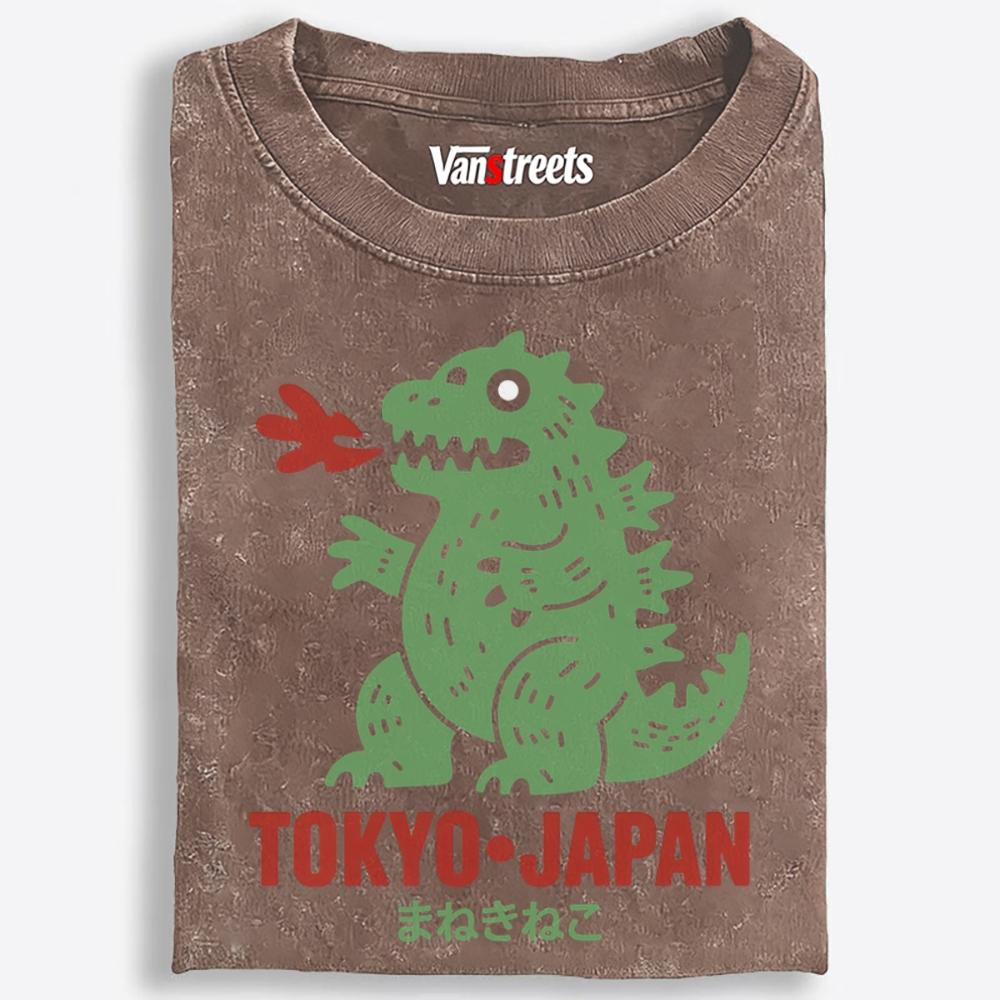 Maneki Neko Godzilla Tokyo Retro Washed T-Shirt | 100% Cotton | Streetwear Essential