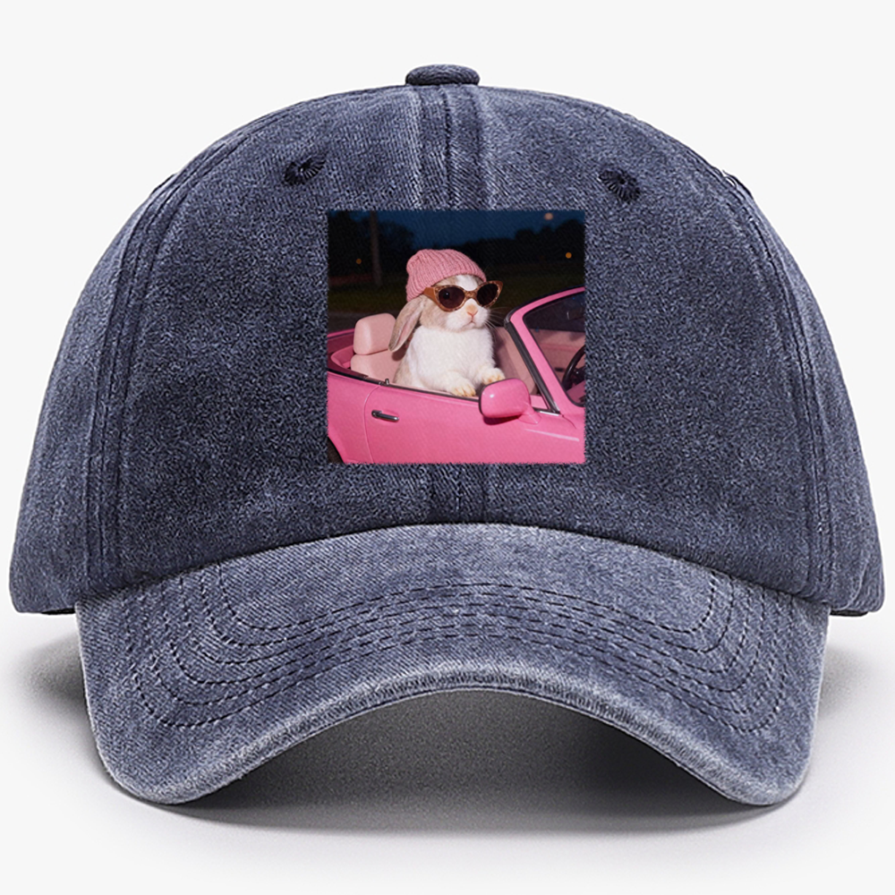 Pink Sports Car Cool Rabbit Retro Washed Baseball Cap
