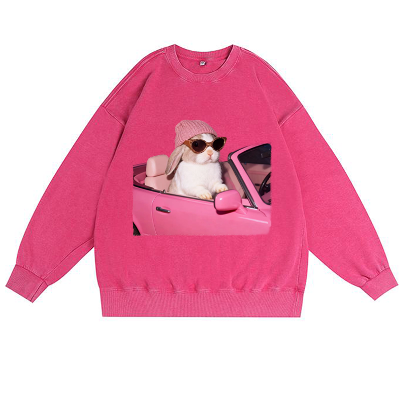 Pink Sports Car Cool Rabbit Retro Washed Sweatshirt