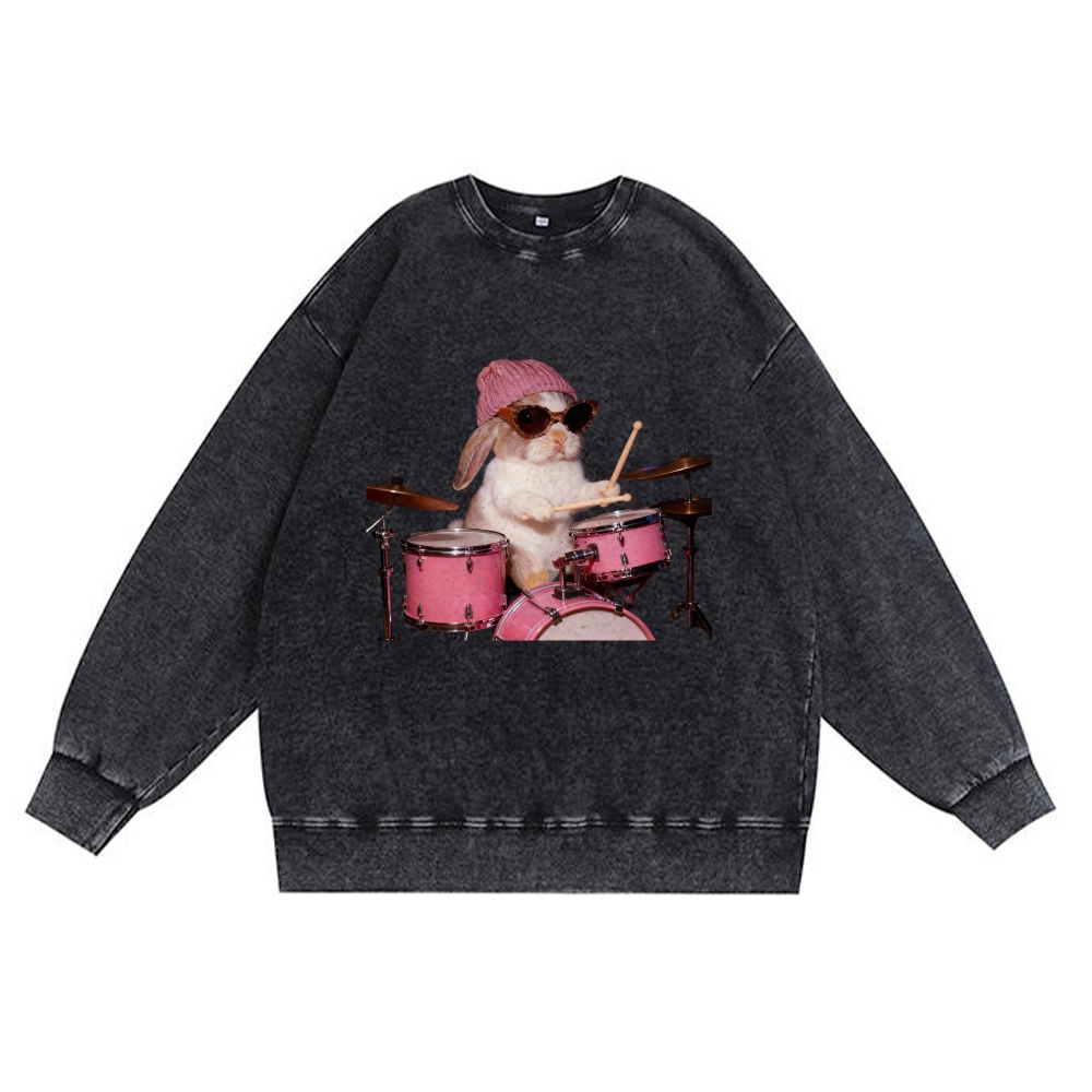 Bunny Rockin' Bunny Retro Premium Washed Cotton Crewneck Sweatshirt