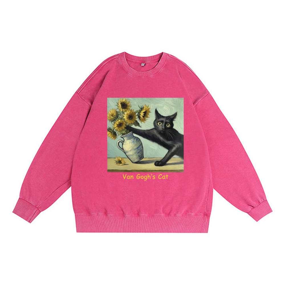 Van Gogh's Cat with Sunflowers Retro Premium Washed Cotton Crewneck Sweatshirt