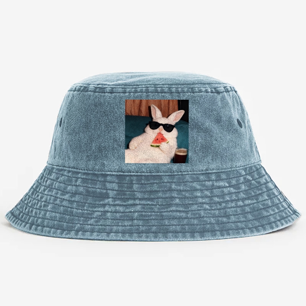 Rabbit Eating Watermelon Sunglasses Retro Vintage Washed Bucket Hat