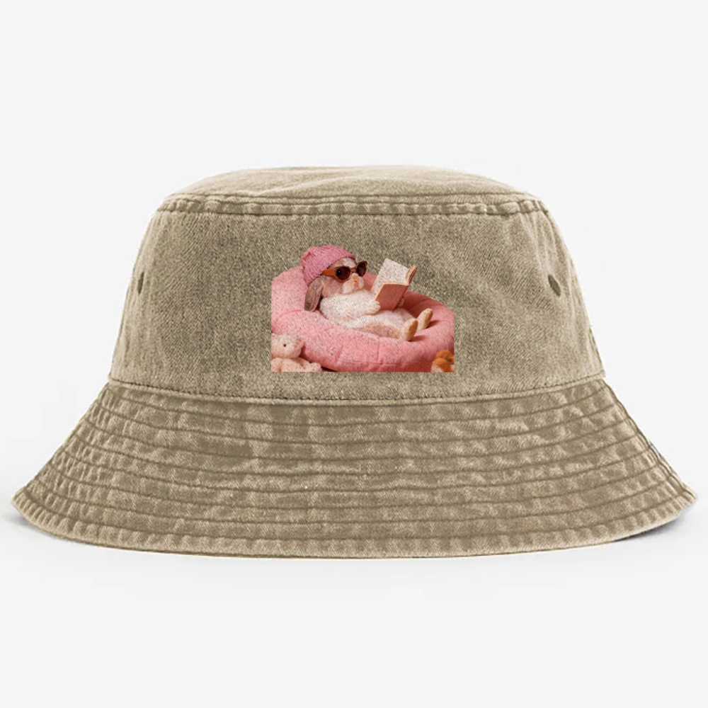 Bunny Bookish Rabbit Retro Vintage Washed Bucket Hat