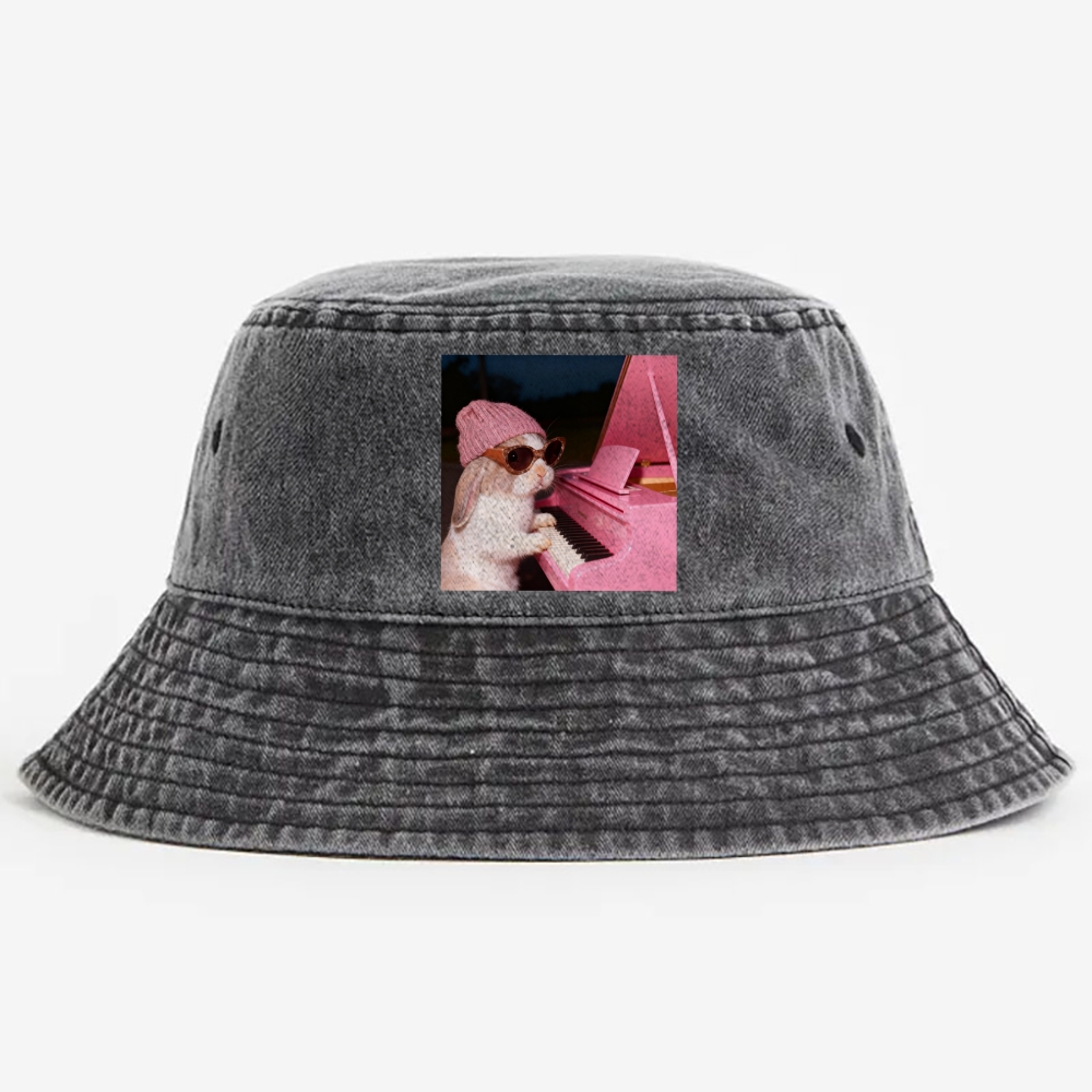 Bunny The Piano Rabbit Retro Vintage Washed Bucket Hat