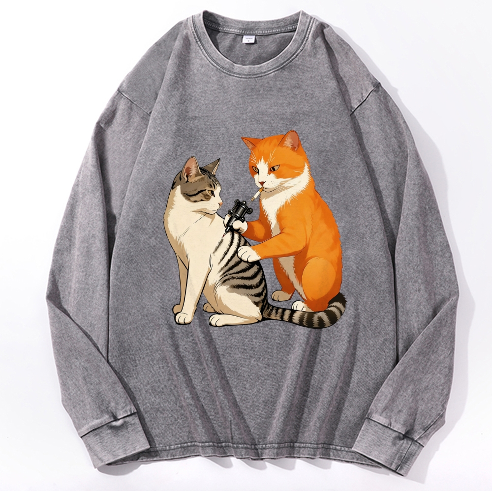 Tattoo Artist Orange Cat Retro Washed Long Sleeve T-Shirt