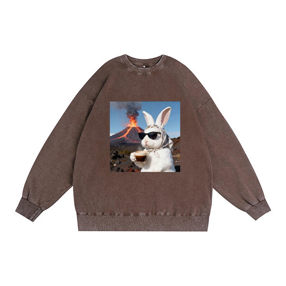 Volcano Coffee Bunny Retro Premium Washed Cotton Crewneck Sweatshirt