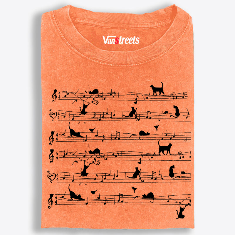 Cat Music Sheet Retro Washed T-Shirt | 100% Cotton | Streetwear Essential