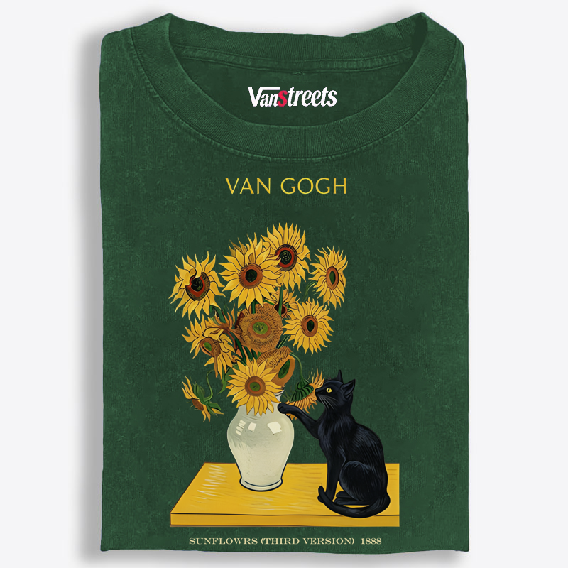 Curious Cat Touching Sunflowers Washed T-Shirt | 100% Cotton | Streetwear Essential