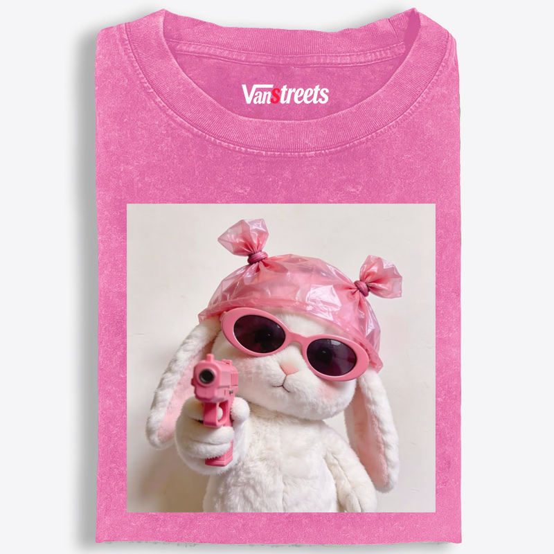 Pink Gun Gangsta Bunny Meme Retro Washed T-Shirt | 100% Cotton | Streetwear Essential