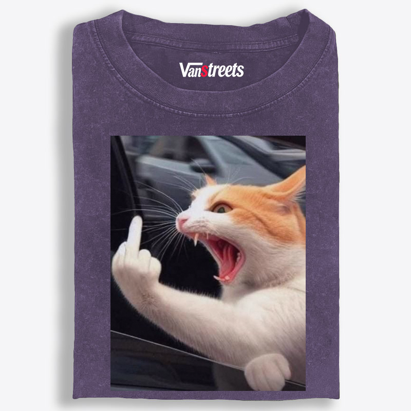 Middle Finger Cat Meme Retro Washed T-Shirt | 100% Cotton | Streetwear Essential