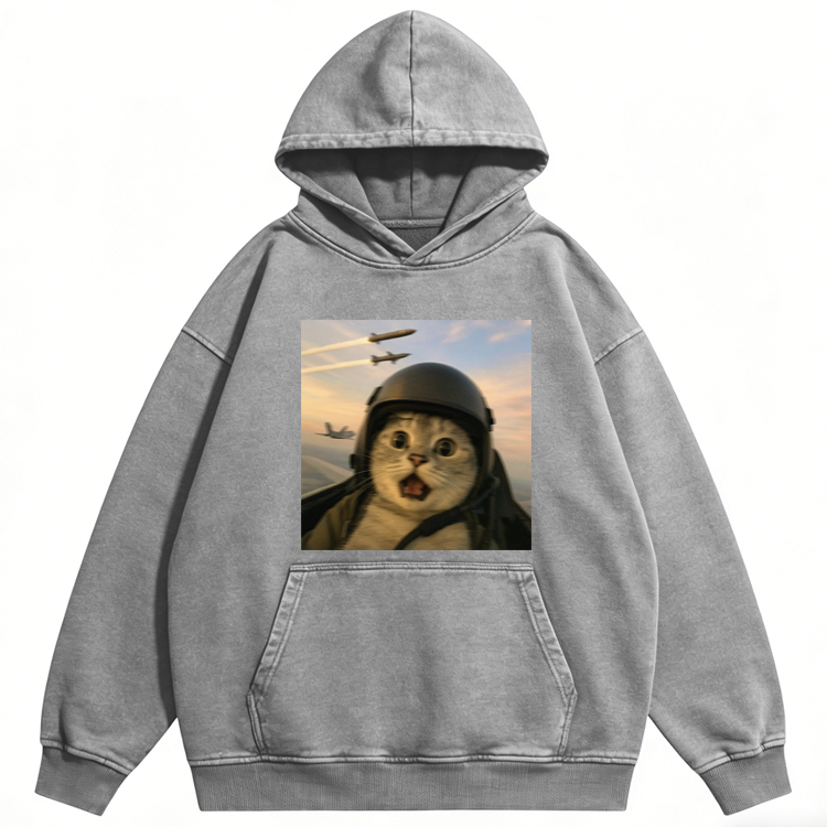 Fighter Jet Cat Pilot Meme Retro Washed Hoodie