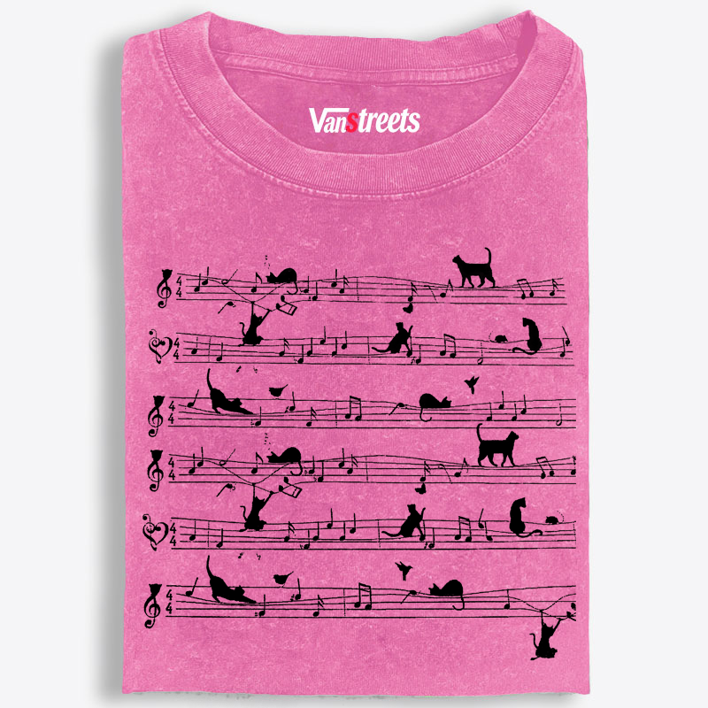 Cat Music Sheet Retro Washed T-Shirt | 100% Cotton | Streetwear Essential