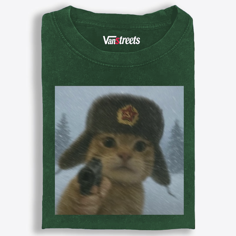 Soviet Ushanka Cat Retro Washed T-Shirt | 100% Cotton | Streetwear Essential