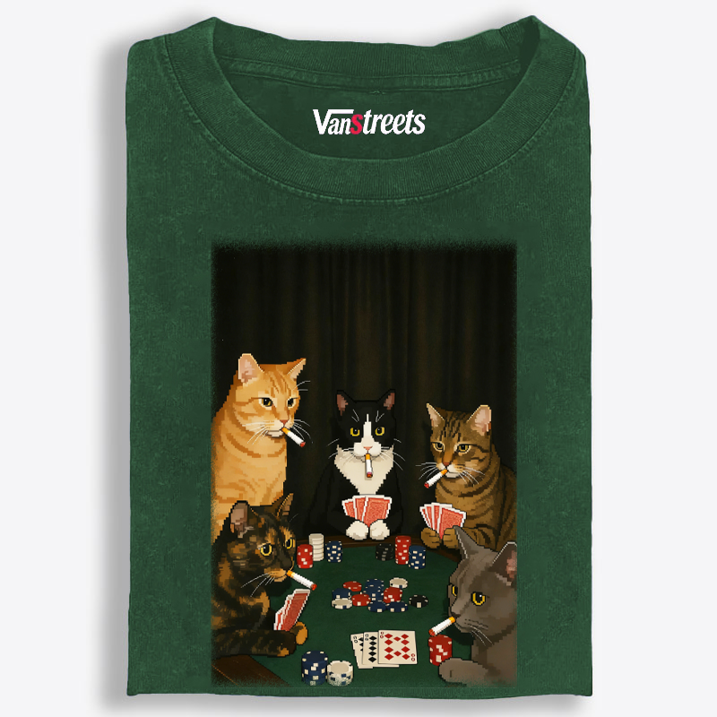 Midnight Poker Cats Retro Washed T-Shirt | 100% Cotton | Streetwear Essential