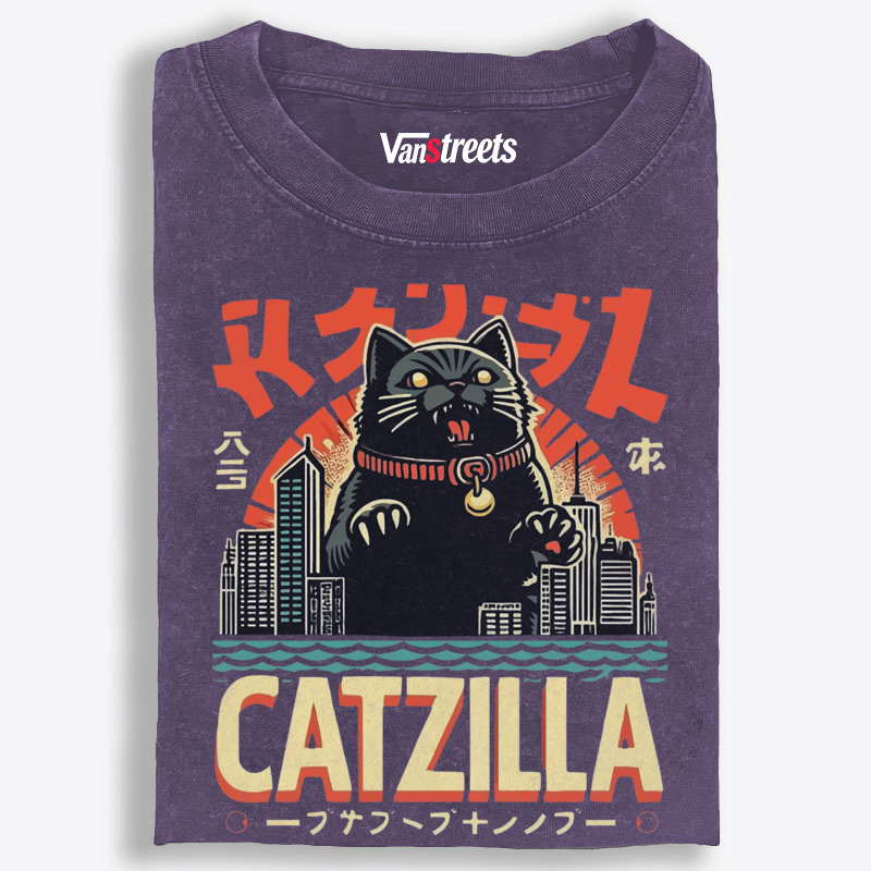 Japanese Style Catzilla Retro Washed T-Shirt | 100% Cotton | Streetwear Essential