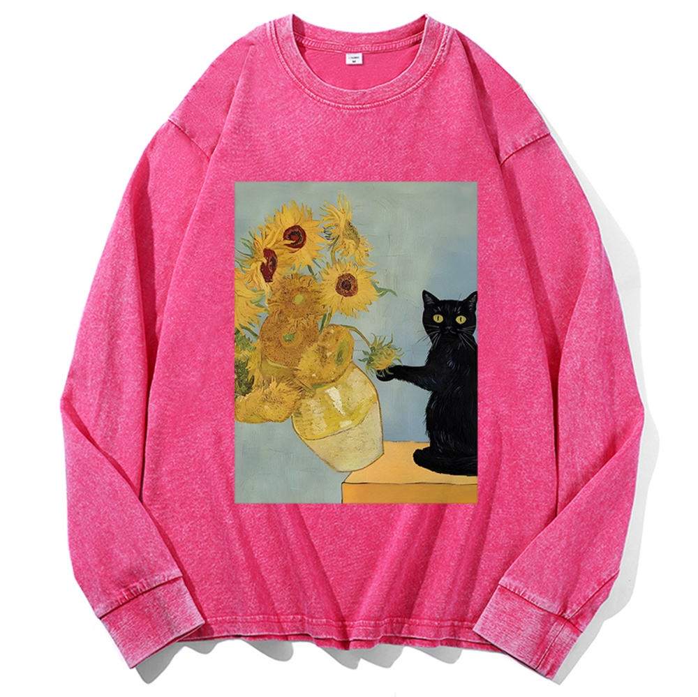 Van Gogh Sunflowers Black Cat Retro Washed Long Sleeve T-Shirt