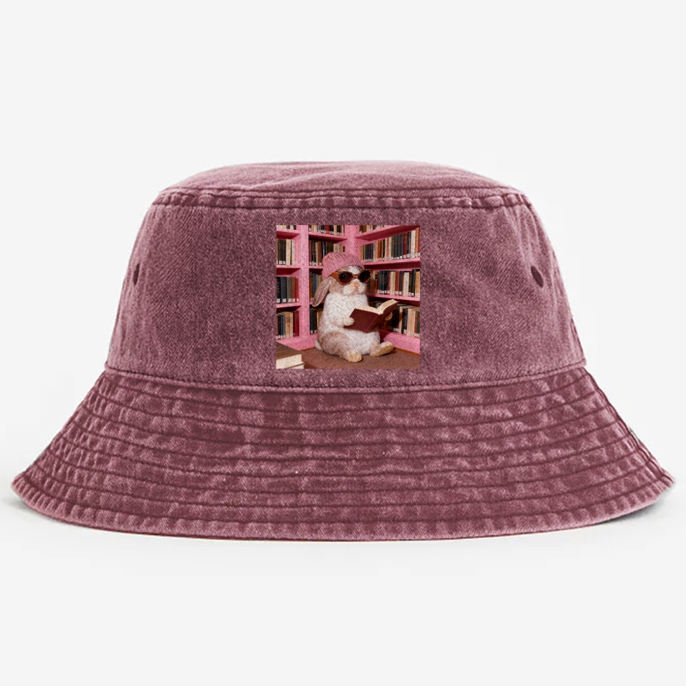 Bunny Bookish Rabbit Retro Vintage Washed Bucket Hat